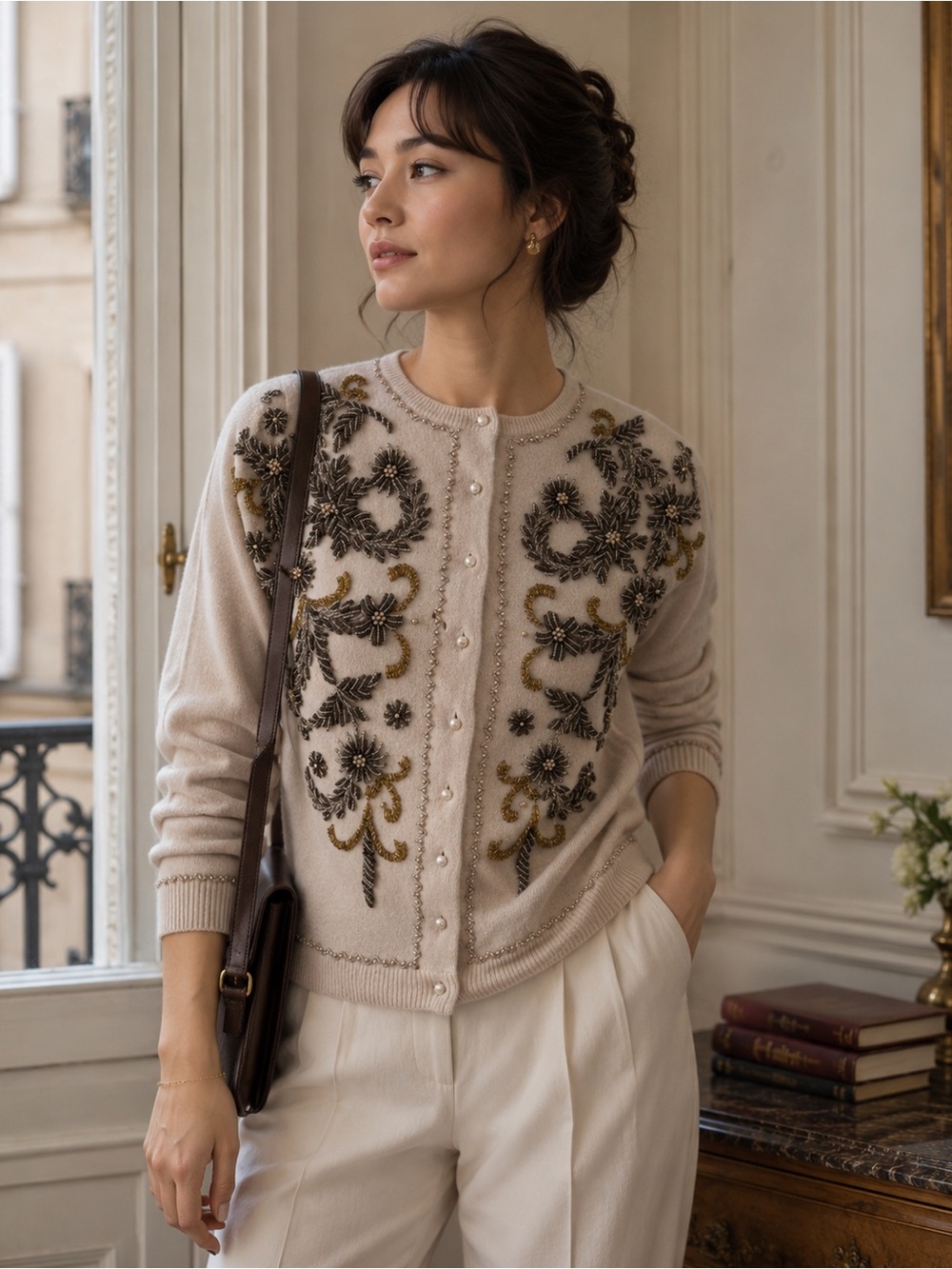 Embroidered Pearl-Button Crewneck Sweater